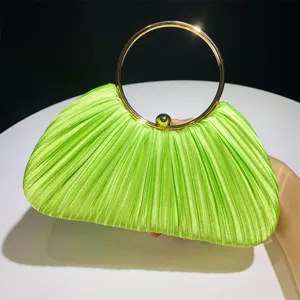 Green pleated satin clutch bag with gold round handle elegant evening party handbag for women