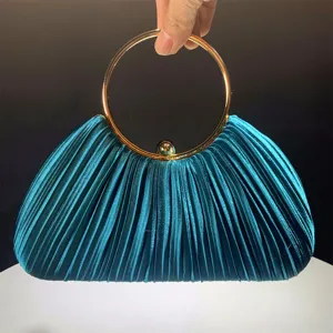 Elegant pleated velvet evening clutch bag with round metal handle for party prom women