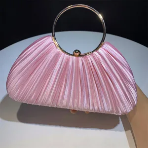 Satin pleated evening clutch bag with gold ring handle for women party wedding prom dress.