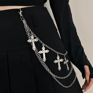 Retro silberne mehrschichtige Kreuz Anhänger Taillenkette, Gothic Hip-Hop Hosenkette.