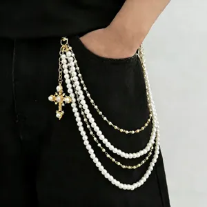 Multi-strand pearl cross pants chain hip hop fashion waist jewelry accessory for women men