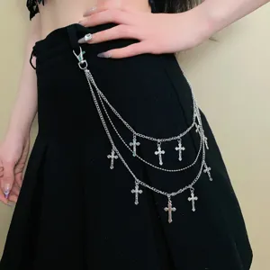 Details of multi-layer silver pants chain with cross pendants, gothic punk waist accessory Y2K