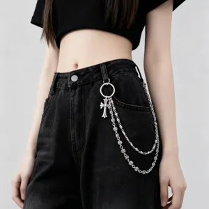 Gothic cross pants chain double layer metal hip hop trousers chain jeans accessory