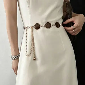 Retro Tiger Eye Stone Spliced Waist Chain For Women Alloy Tassel Geometric Fashion Dress Decor Waistband Jewelry