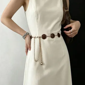 Retro brown round stone waist chain for women, elegant metal chain belt fashion accessory.