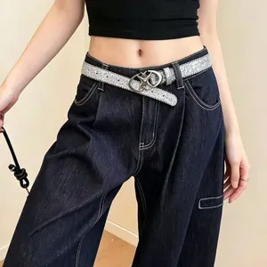 Y2K Style Women PU Leather Belt Shiny Sequins Star Metal Buckle Casual Fashion Waistband Decorative Belt For Girls