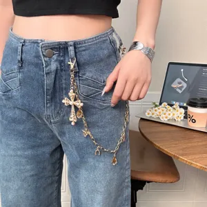 Punk Hip Hop Waist Chain For Women Pearl Cross Pendant Pants Chain Golden Body Chain Fashion Jewelry Accessory