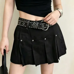 Gothic punk rivet multi-hole leather belt for women, edgy dark style fashion accessory.