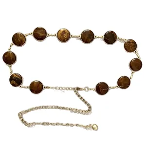 Retro round brown stone waist chain for women, gold metal geometric fashion belt accessory.