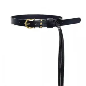Black leather retro belt for women featuring vintage brass buckle, studs and chic fringe straps.