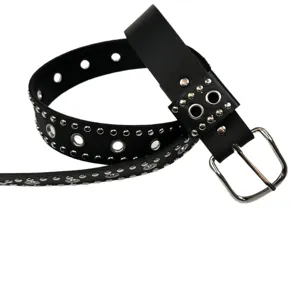 Black punk style leather belt with metal eyelets and rivets, cool fashion accessory for women.