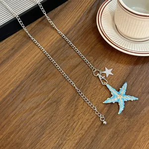Summer vacation long starfish waist chain for women, blue enamel metal belly body chain jewelry.