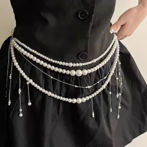 Mehrlagige Perlen Taillenkette Koerperschmuck modischer dekorativer Guertel fuer Damen Accessoires
