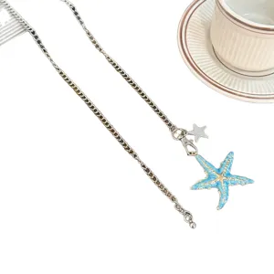Summer resort starfish waist chain, blue enamel metal chain body jewelry for women.