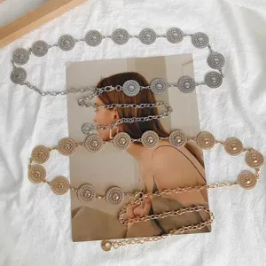 Vintage round coin metal waist chain for women, fashion hollow out belt jewelry accessory.