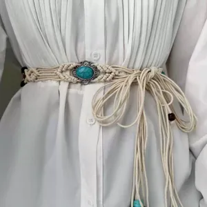 Bohemian turquoise woven waist belt for women vintage ethnic style knotted cord accessory.