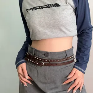Punk double layer thin leather studded belt for women retro aesthetic dark style waist accessory.