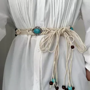 Bohemian woven waist belt with turquoise stone and wooden beads detail for women stylish.