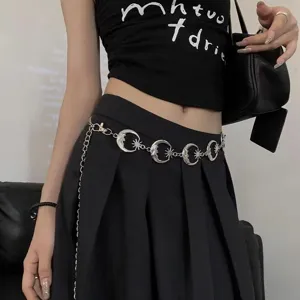 Retro crescent star chain belt for women, bohemian silver waist jewelry accessory stylish.
