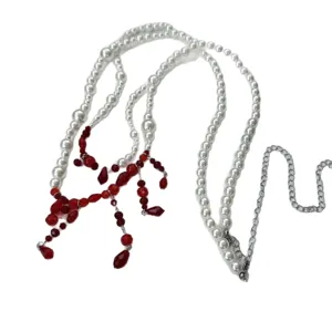Gothic dark style red faux pearl tassel waist chain, double layer stylish body jewelry for women.