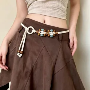 Bohemian Ethnic Cotton Braided Waist Chain With Wooden Beads Tassels Adjustable Belly Chain Women Dress Accessories