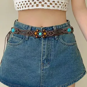 Catena da vita intrecciata boho con perline turchesi e di legno, cintura rétro con nappe donna.