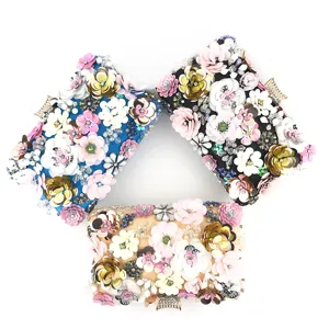 Women's handmade floral beaded evening clutch bag, elegant crystal party wedding purse