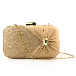 Gold evening clutch bag with glitter fabric, satin pleating, and a sparkling rhinestone accent.