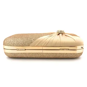 Gold glitter evening clutch bag detail, pleated satin fabric and sparkling rhinestone brooch.