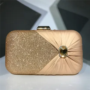 Elegant rhinestone evening clutch bag with glitter and pleated satin for party wedding.