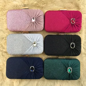 Elegant rhinestone evening clutch bag for women, sparkling party purse with pleated satin design.