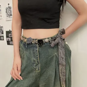 Korean style floral spliced waist chain fabric woven belt for women fashion accessory