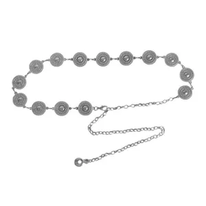 Retro silver metal coin waist chain for women, chic vintage disc belt detail view.