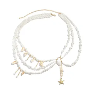 Multi-layer pearl waist chain beach body chain with shell starfish pendant for women