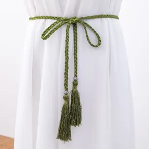 Bohemian green braided waist belt with elegant tassels and beads for women dresses accessories.