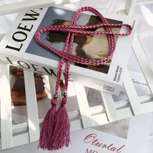 Bohemian woven tassel belt detail view, ethnic fringe waist accessory for women fashion chic