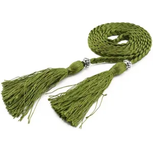 Detailed close-up view of the green woven tassel belt, bohemian vintage ethnic waist rope.