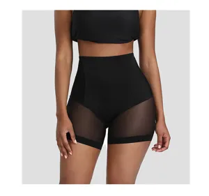 Donna vita alta pantaloncini modellanti nero pannello in rete pancia piatta dettaglio