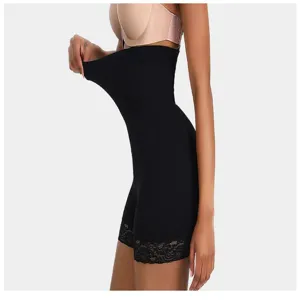 Detail view of high waist shaper shorts with lace trim, black tummy control shapewear body.