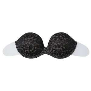 Black lace strapless invisible bra, comfortable adhesive push-up bra for women evening dress.