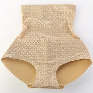 Detail view of beige high-waist lace tummy control shaping panties with lift effect.