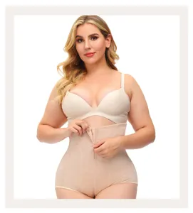 Plus size women shapewear set high waist tummy control briefs lace shaper bra beige