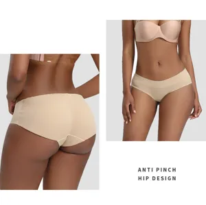 Detailed view of seamless padded hip lifting panties, nude color, back and front model show.