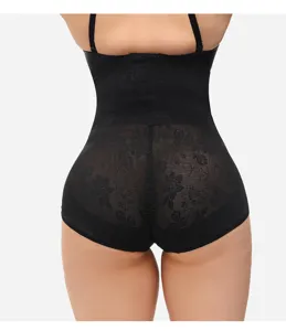 Plus size high-waisted black shaper panty featuring floral lace and tummy control.
