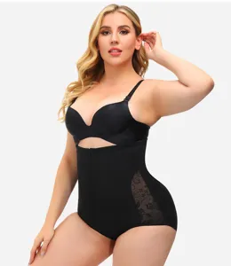 Plus size high waist black shapewear detail, featuring lace paneling and tummy control design.