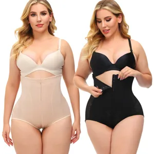 Plus size high waist tummy control shapewear with zipper and lace for slimming body shape.