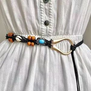 Cintura intrecciata turchese boho con perline di legno e fibbia dorata accessorio etnico