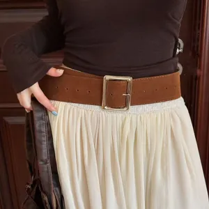 Retro brown suede wide belt with metal buckle, stylish minimalist accessory for women outfits.
