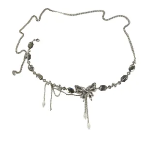 Moderna catena da vita con farfalla cristallo nappa, cintura metallo strass trendy.