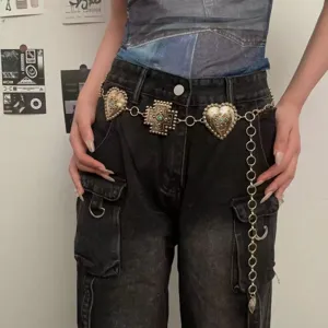 Catena in vita di metallo turchese bohémien vintage cuore croce concho cintura accessori streetwear